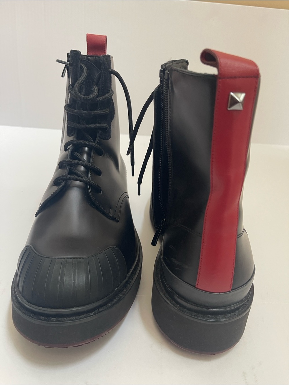 Valentino Garavani Men's Black Leather Lace-Up Rock Stud Boots with Red Heel Tab